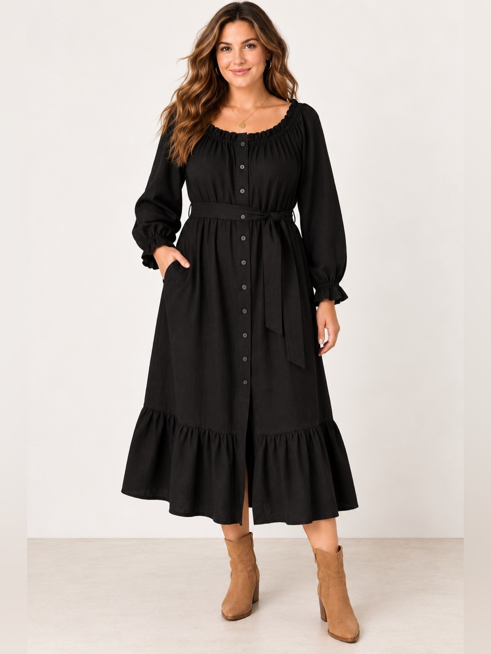 ELOQUII Black Linen Blend Button Front Midi Dress 14/16 Belted Puff Sleeve